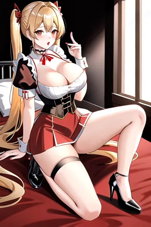 long blonde hair, brown eyes, pale skin, giant breasts, red maid uniform, showing cleavage, bedroom, pov, looking at viewer, miniskirt, black corset, high heels, overlooking city, 4k, 25 years old, full body photo, choker, low pigtails