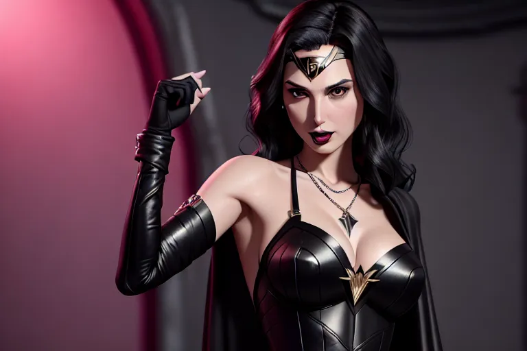 a digital art of,gal gadot,wearing goth clothing,doing sexy pose,at the party,small breasts,five slender fingers,silky hair,gorgeous face,beautiful lips,black eyes,curved eyebrows,curved eyelid,pale skin,wearing necklace,highly detailed,cgsociety,surreal,unreal engine,8k