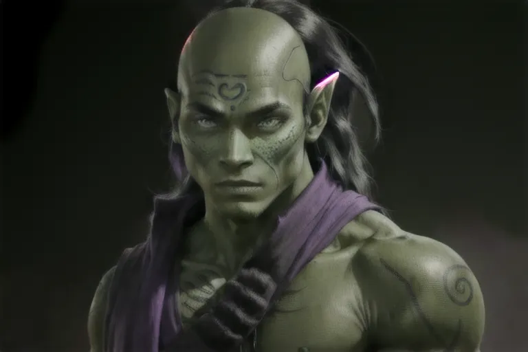 Mirialan, male, (((green skin))), black tribal tattoos, long black hair, purple eyes, cheerful, gray shirt, gray pants, futuristic clothing, alien, sfw, headshot, masterpiece, absurdres, ((((solo focus)))), 8k, perfect edges, ultra realistic, perfect anatomy, low light, perfect face, fine details, realistic shaded, photoshoot, male