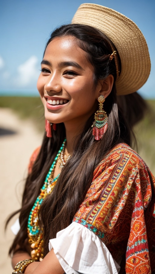Create an image of a young, vibrant individual from Tuvalu. They are in their early 20s, slim and tall, casually leaning forward towards the camera. Their expression is carefree and spontaneous, capturing the essence of a lucky, amateur shot. Their eyes are bright, filled with laughter, and their hair is styled in a bouffant, adding to the laid-back bohemian aesthetic of their outfit. The bohemian style is accentuated with vintage accessories and layers, reflecting a mix of cultural influences. The lighting is natural, reminiscent of a late afternoon sun, highlighting the texture of their hair and the vibrant colors of their clothing. The camera is set to capture this moment with a shallow depth of field, focusing on the gleeful expression and the intricate details of their hairstyle and outfit, while the background blurs into a warm glow