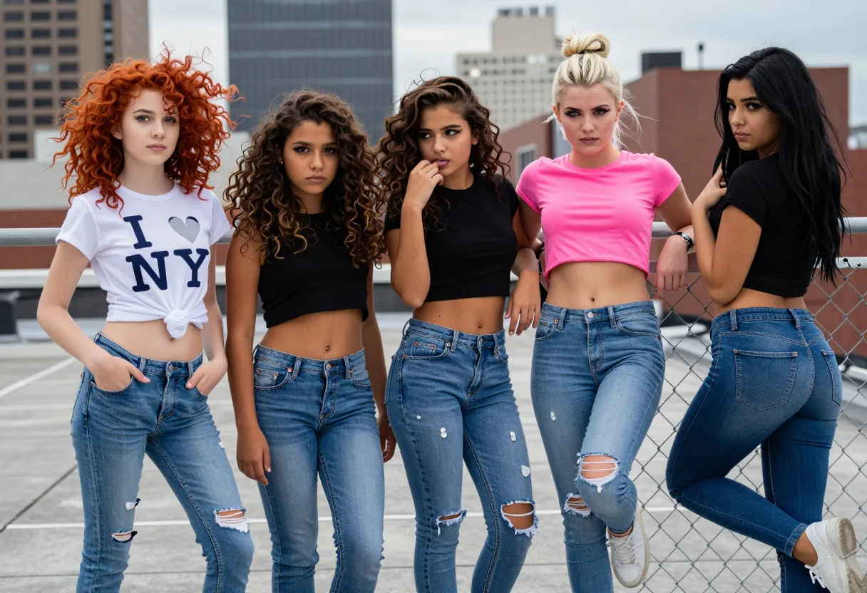 "Five underage girls, ranging in age from 10 to 14, line up on the rooftop, the city skyline twinkling behind them. The 10-year-old, her fiery red afro blowing in the wind, wears a cropped 'I NY' t-shirt and extremely tight, faded jeans that cling to her petite body like a second skin. Her hands are shoved into the pockets, pushing up her tiny chest as she gazes seductively at the camera. To her right, a 12-year-old Latina, her curly brown locks bouncing with each movement, sports an even skimpier version of the jeans, the denim stretching taut over her budding hips and barely containing her plump fanny. A black crop top barely covers her flat, freckled tummy. She's biting her lower lip, a look of faux-shyness on her darker features. The 14-year-olds on either side take it up a notch. The blonde, with her platinum locks pulled back into a messy bun, has on a neon pink belly-baring crop top and high-waisted mom jeans, the waistband riding provocatively low on her hips. She's leaning back against the railing, one leg cocked, her foot dangling in the air. Her severe brows and smudged mascara suggest she's not quite ready for the responsibility of adolescence. Across from her, the raven-haired 14-year-old goes for a more edgy look, pairing a black band tee with low-slung, ripped skinny jeans. She's positioned in front of a chain link fence, one hand grasping it, the other pointing back at her pert, slightly rounded ass. Her small, perky breasts strain against the thin fabric of her shirt. The photographer captures their daring poses from slightly above, playing up the tight clothing and their uncertain expressions, hinting at the chaos that lies ahead as they navigate the cusp of womanhood."