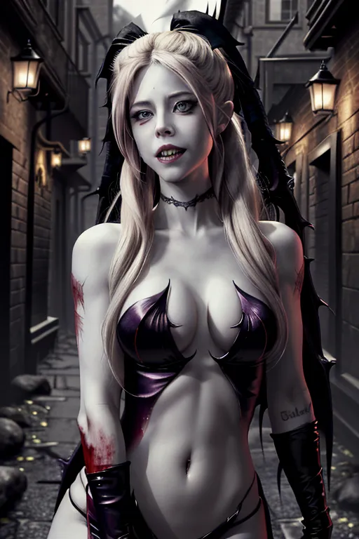 (Avril Lavigne), nude full breasts, ultra detailed face, 64k, vampire, razer sharp teeth, vampire teeth, blood on teeth, squinting menacing eyes, evil expression, dark alley, body modification, ultra detailed body image, 4k, ultra realistic, photo realistic,upper body portrait,
