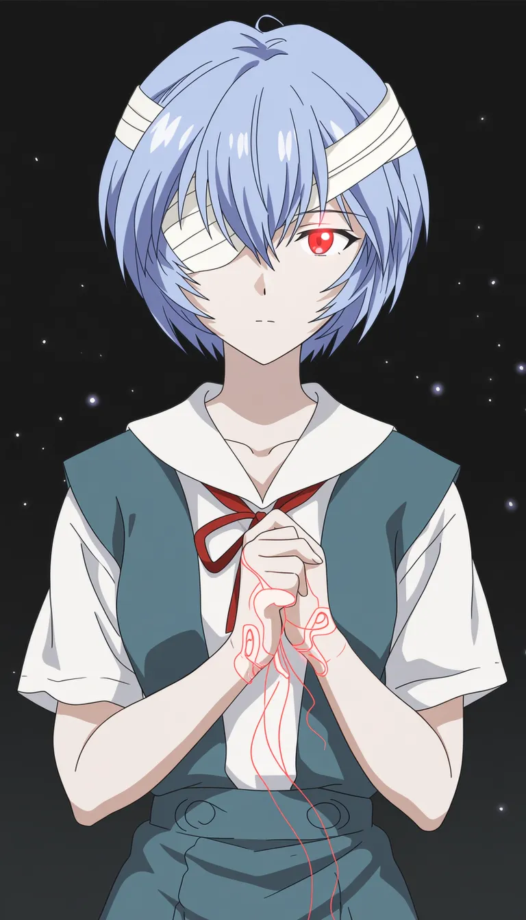 1girl, ayanami rei, neon genesis evangelion,
score 7, ultra detailed, fair skin, high contrast, solo, looking at viewer, short hair, shirt, red eyes, ribbon, hair between eyes, closed mouth, blue hair, school uniform, white shirt, upper body, short sleeves, hand up, sailor collar, red ribbon, gradient background, bandages, suspenders, black background, light particles, white sailor collar, one eye covered, bandage over one eye, bandaged head, tokyo-3 middle school uniform, bangs pinned back, suspender skirt, skirt, expressionless, neck ribbon,
A young anime character with short, layered blue hair stands against a dark, starry background. Their left eye is covered by a white bandage, while their right eye glows with a bright red hue. The character wears a white collared shirt under a dark vest, with a red ribbon tied around the collar. Their hands are clasped together in front of them, and faint red lines appear to pulse around their wrists and torso.
best quality, score_9, very aesthetic, sensitive, explicit