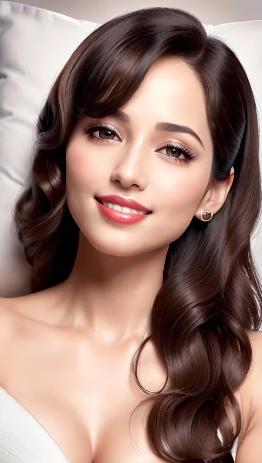 (solo lady), beautiful natural hair in Glamorous Finger Waves with Side Part, almond-shaped eyes with button nose and full lips, looking into camera,teasing smile, nice teeth, accurate facial details, (head is lying on a cozy pillow), (natural lighting), (((8k high resolution photo))),(((extreme facial close up)))