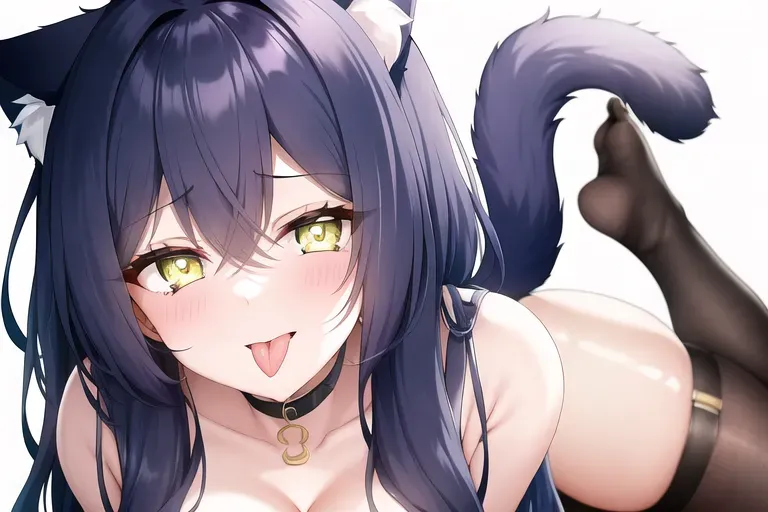 A young girl with drool. She has dark blue hair. She has big tits. She has cat ears. She has yellow eyes. She is wearing a white towel. She has her tongue out.