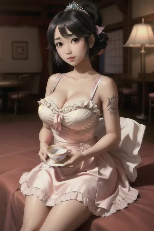 a illustration of,chitoge kirisaki,wearing princess dress,in a tea party,natural breasts,five slender fingers,short hair,gorgeous face,beautiful lips,detailed large eyes,curved eyebrows,curved eyelid,pale skin,cosy,tattoo,professional,bokeh,smooth,editorial,8k