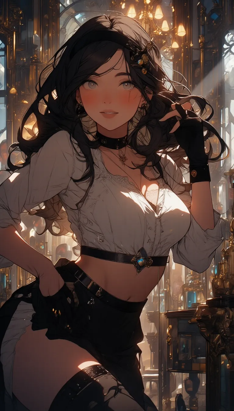 Anime style. 1boy, Serena, SerenaRH, very long straight black hair, brown eyes, gorgeous lips, dark lips, medium perky breasts, perfect body, large hips, fit body, thick thighs, 1g0r, Dutch angle, earrings, elegant, makeup, fancy party room, indoor, golden details, dramatic light, face closeup, parted lips, makeup, abs, solo, parted lips, shiny skin, sweat, brown hair, toned, brown eyes, big breasts, braid, muscular male, black hair, long hair, looking at viewer, indoors, easynegative, FMAB_Envy, 1boy, solo, long hair, black hair, purple eyes, slit pupils, headband, crop top, bare shoulders, midriff, gloves, fingerless gloves, skirt, side slit, bike shorts under skirt, bike shorts, toeless legwear, leg tattoo, 1femboy, on knees