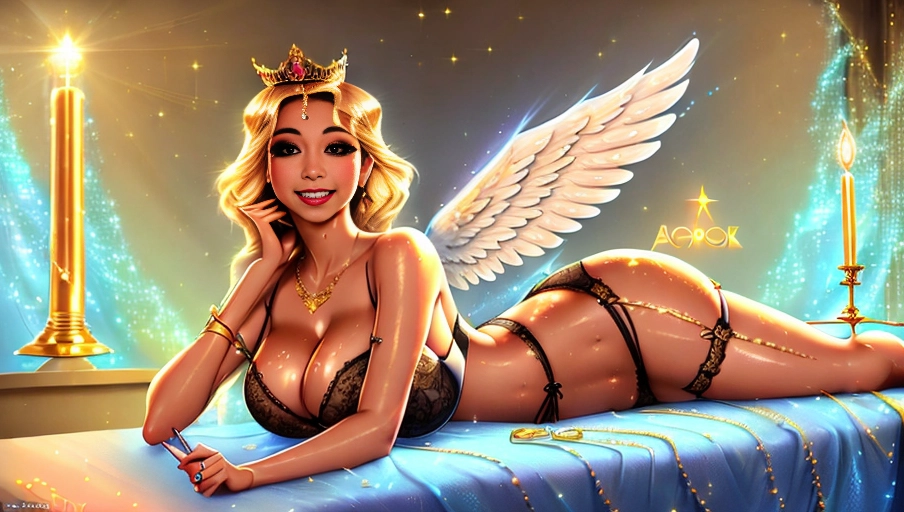 a 64k high detailed photo of body shot of Female, HDR Professional ((In Lingerie))) ((Has sex Attire)) Godly Ultra Detailed Best Quality Most Detailed ((Angel Wings)) Angelic Lighting Love Hope Magic casting Crown Smiling Queen happy Glory Warrior Angels Angelics Positivity Happiness ecstasy enraptured sweaty saving God Royalty Morality Goodness True Good Power Force Authority Ethical Saviour Halo short Hair Always and Forever Sentimental in heat hot ultra hot best best lighting tantric Neutral Brilliant Logical Compassionate Perfect Perfection Exciting Integrity Winged Courage Purity Harmony Beauty mark on upper lip ((Female)) Ethereal Lighting Celestial Lighting (((With Clothes))) ((With God Item)) ((God Tech)) ((((God Technology)))) ((((God Magic)))) with items of power God Wings ((Afterlife Light)) (Perfect Tits) (Perfect Ass) (Perfect Body) (Love Worship) ((Happy Expression)) ((smiling)) ((((Flirting)))) AJH (((Beauty Posing))) (((Pinup Poses))) (((Pinup)))
