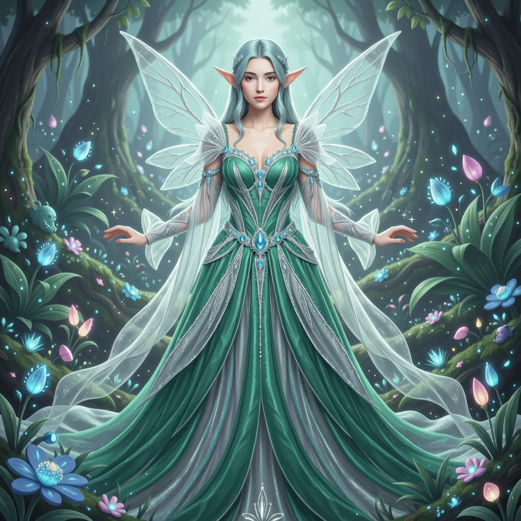 A female cosplayer portraying an
ethereal fairy or elf, wearing a
flowing dress made of delicate
fabrics in soft, mystical colors like
emerald green and silver. She has
pointed ears, a gentle, enchanting
expression, and her outfit is
adorned with sparkling jewels and
intricate patterns. The background
is a magical forest with glowing
plants, mystical creatures, and a
serene atmosphere.