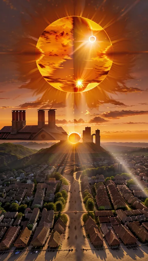 ((the sun in the sky has a giant vertical pupil)),
The village beneath the gigantic sunset,