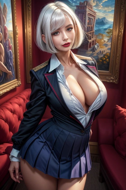 8k, uhd, hyperreal, rim lighting, volumetric lighting, masterpiece quality, backlighting, studio lighting, Vray, sharp focus, tack, dof, crystal clear, film grain, unreal engine, DSLR, pixie, cgsociety, deviantart, artstation,full body in frame,deep brown doe eyes, very vivid red hair, fit, full sexy lips, mouth slightly open,seductive expression,light skin, golden ratio face, greek goddess, (sexy cleavage),((( (dramatic:1.4), hyper detailed , cover magazine featuring a realistic sexy girl with, a pretty face, white hair, (bob long haircut style), purple eyes, (sexy school uniform:1.2), <lora:try2:0.75>, <lora:Loraeyes_V1:0.5> <lora:style-nebmagic:0.45>, vivid colors, 8k, UHD, HDR, (Masterpiece:1.5), (best quality:1.5),
))))),a portrait, absurdres, high quality, incredibly detailed,unbelievably intricate, beautiful detailed eyes, detailed face,<lora:dpmg_add_detail:1>