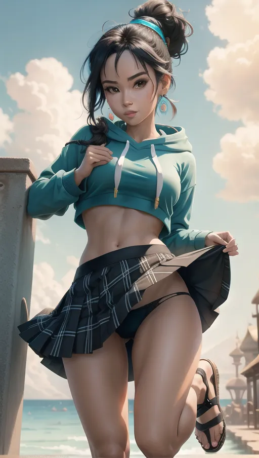 Jasmine from aladdin, black ponytail, upskirt , aqua hoodie, aqua and black plaid skirt, front, sexy panties,
