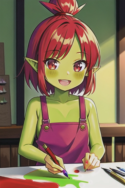 Red head goblin girl, green skin, pointy ears, holding paint brush, drawing, cute, happy, artist