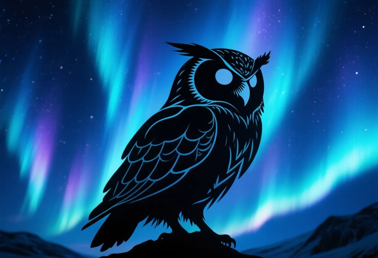 A Mystical Aurora Silhouette of a wise owl, with dark, intricate outlines against a backdrop of vibrant aurora lights. Use a color palette of midnight blue and silver to create a mesmerizing and ethereal atmosphere