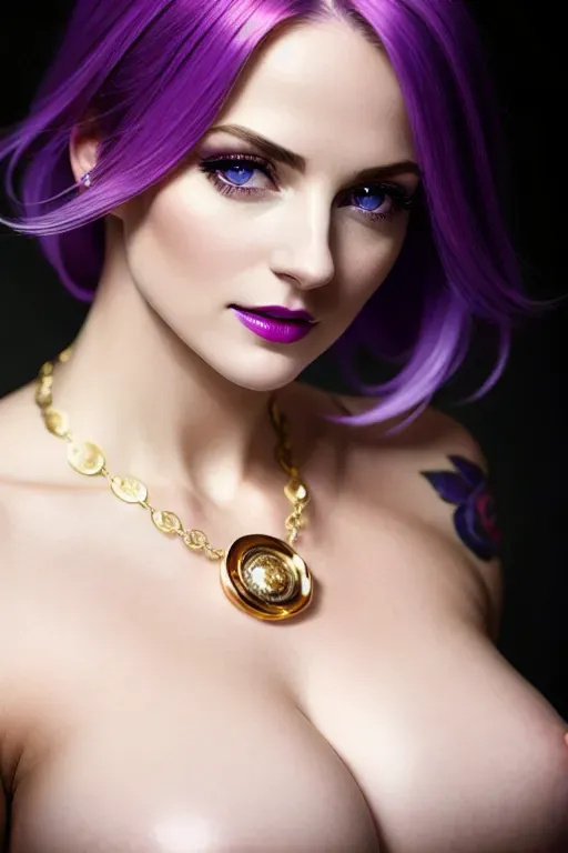 Pov, white woman, vivid purple hair, focus on eye contact, blue eyes, focus on natural breasts, hard nipples, large gold chain, lace, intricate detail, sharp focus, dynamic lighting, depth of view, dynamic pose, in space station, purple corset, ultra realistic, (ultra realistic vagina), professional photography portrait, 64 megapixel, exquisite face, exquisite detail, beautiful face, ultra realistic, smooth, elegant, gold nipple rings, bright light, bokeh, tattoo, tied up, hardcore sex, detailed breasts, focus on nipples, white teeth, straight teeth, (ultra realistic actress), hardcore sex, 8k photo, stripper, whole body, strip club, maximum detail