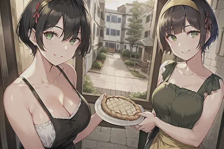 20 years old, medium breasts, black hair, pixie cut hair, sage green eyes, petite, yellow dress with apron, wearing headband, nice neighborhood, day, holding homemade pie, outside neighbors door, outside front door, point of view from inside an apartment, smiling with teeth, a bit of flour on her cheek