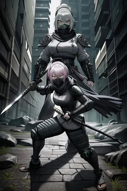 (masterpiece:1.2), (best quality), (ultra detailed), (8k, 4k, intricate), (highly detailed:1.2),(detailed face:1.2), (detailed background),detailed landscape, (dynamic pose:1.2),(best quality), detailed landscape, only 1 female , female samurai, street samurai, bright glowing pink eyes, smart ninja haircut white colored hair, silver hooded cyberpunk clothing , white colored, green dragon scales on scarf , green themed scarf over mouth ,cyberpunk attire , wearing face mask, katana on side of hip, serious looking , anti hero type, steel type pokemon trainer, background in ruined rundown cathedral, ((masterpiece)) , full body , ready pose , battle pose ((masterpiece)) <lora:manga_lineart:1>