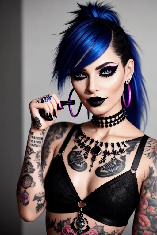 A realistic detailed full-body image of,a striking and beautiful nude dominatrix,preparing to peg a submissive with a strap-on dildo,having a petite figure,skinny,having small breasts,having long and straight and colorful neon or pastel hair in a ponytail,having blue eyes,having soft facial features,having a cool complexion,having fair skin,having hoop earrings,having long eyelashes,dark eye liner, long eyelashes and dark mascara,smoky eye shadow,wearing black lipstick,fully tattooed,heavily tattooed,fully pierced,heavily pierced,8k,cinematic lighting,unreal engine,detailed realistic face, detailed realistic body,detailed realistic skin,detailed realistic hair,detailed realistic eyes,detailed realistic makeup,detailed realistic tattoos,detailed realistic piercings,detailed realistic jewelry,detailed realistic hair