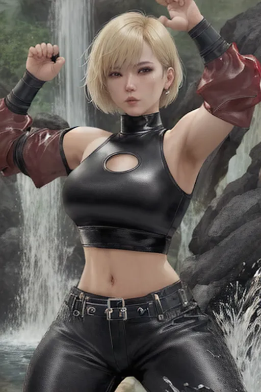black desert online, fantasy human female martial artist, short blonde bob cut hair, wearing a dark red crop top and black leather pants, waterfall background, martial arts stance, martial arts pose, caucasian facial features, mature beautiful face,
