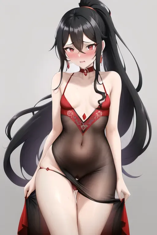 Beautiful woman with long black hair in ponytail, masterpiece, best quality, (((small breasts))), detailed vagina, ((sexy red dress)), symmetrical eyes, wet pussy, embarrassed, (orgasm), thigh gap