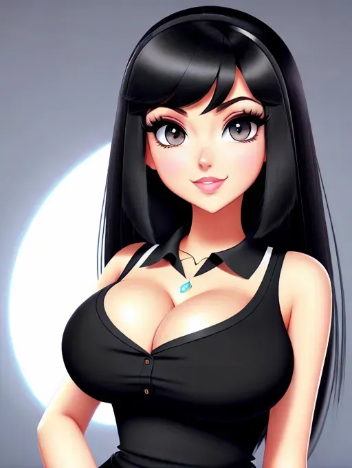 Gorgeous young Albanian woman, photo cute attractive young face, large wide doe eyes, light colored eyes, big bimbo lips, huge gigantic boobs, (gigantic breasts), raven-black hair, sexy, thin, slim waist, tight polo shirt, Disney animation cartoon, best quality, ultra high resolution