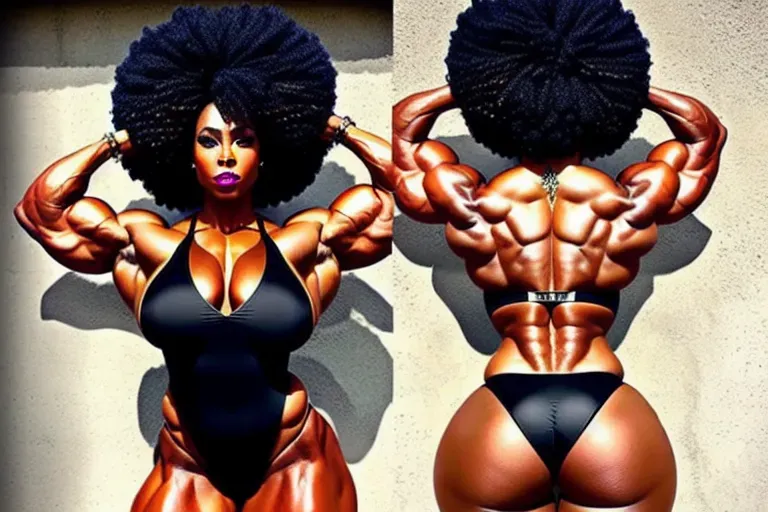 muscular, black woman, big muscles, afro, big glutes, jeweled bikini
outfit, serious, flexing muscles, back pose