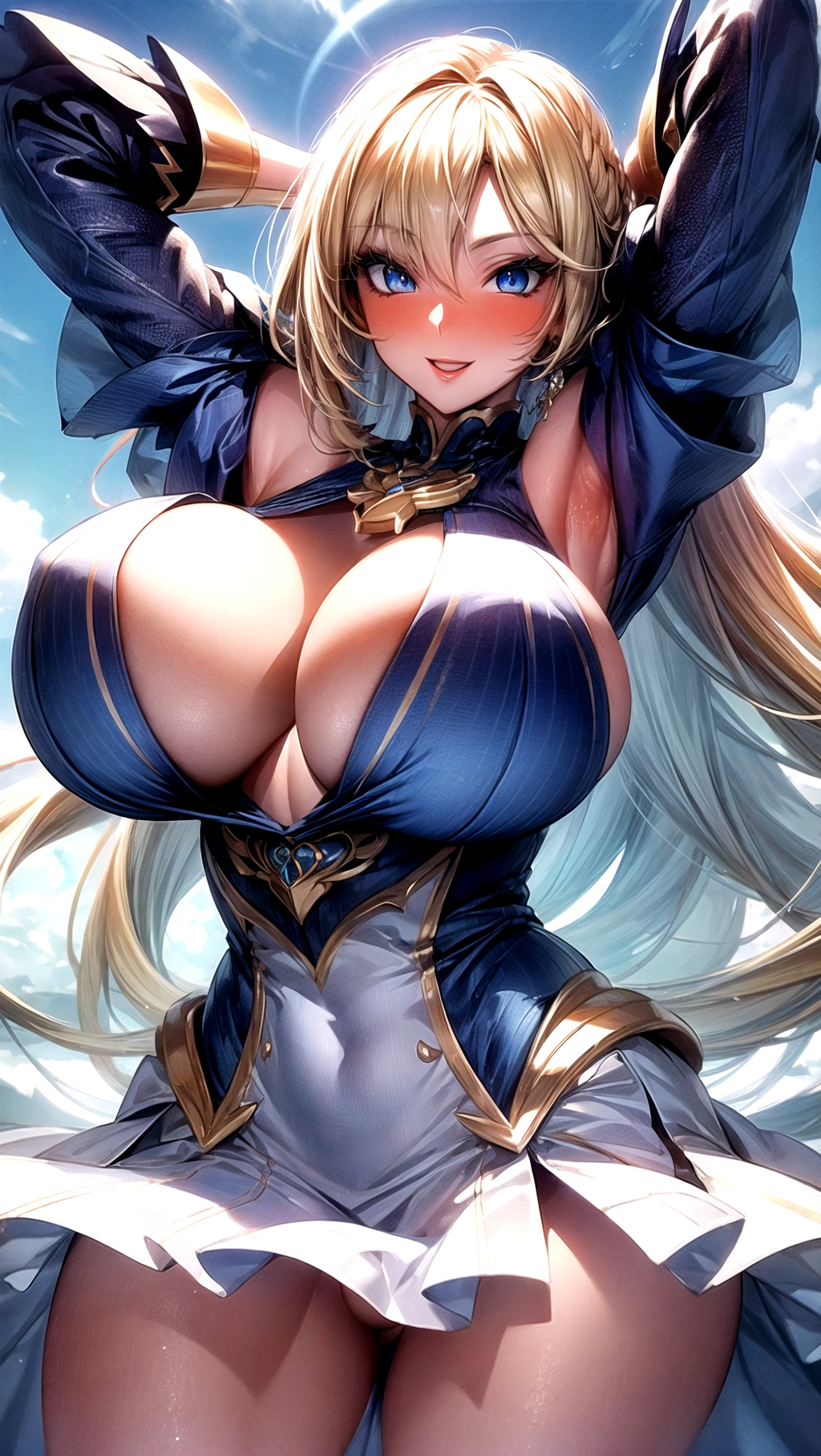 Beautiful, masterpiece, gorgeous, hyper quality, cinematic lighting, (((64K resolution))), hyper resolution, ((((sunny park background)))), female focused, whole body image, zoomed out shot, ((1girl)), (solo), ((extreme face details)),
A short teacher wearing a silken sundress with no bra, no panties, very thick thighs, wide hips, cleavage, happy, smiling, arms up and out, wide stance, excited, ((massive boobs)), (((absolutely massive breasts))), ((very skinny waist)), (long eyelashes), blonde hair, (bright blue eyes), ((((hyper detailed eyes)))), perfect hair,<lora:dpmg_add_detail:1.1>, <lora:red_tint_cheeks:1.2>, heart accents, hearts,