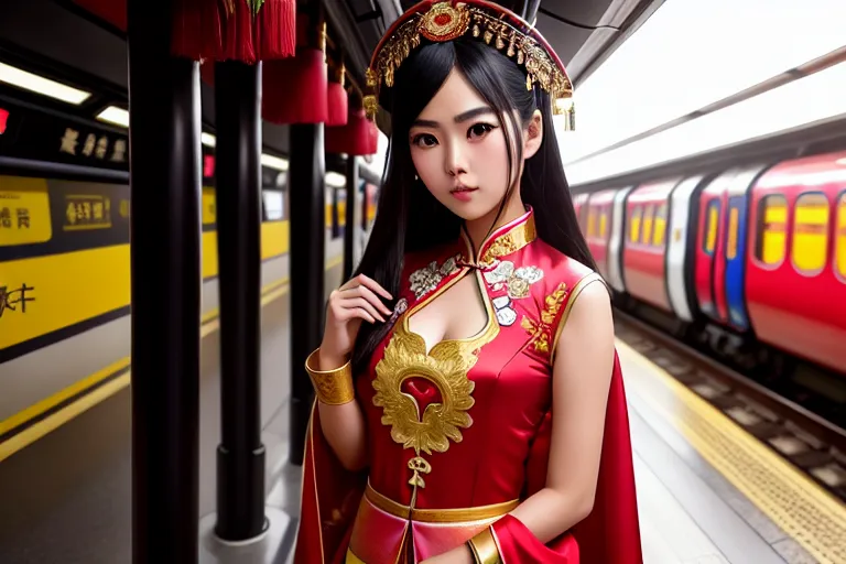 a photo shot of,a philippine girl,wearing chinese costume,shooting from a high point,in the london underground,five slender fingers,silky hair,gorgeous face,beautiful lips,detailed large eyes,curved eyebrows,smooth skin,cosy,wearing golden ring,sharp focus,cinematic lighting,pixiv,artstation,professional