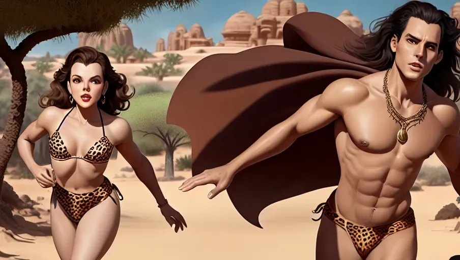 a realistic digital painting of,Judy Garland and Tarzan, wearing a cheetah loincloth and bra, full body shot, running through an oasis in the desert,small breasts,skinny body,long hair,five slender fingers, longer hair,charming face,seductive gaze,beautiful lips,curved eyebrows,smooth skin,peaceful,wearing necklace,highly detailed,brown eyes,cgsociety,evening,editorial,sharp focus,pixiv, long eye lashes, small ass,