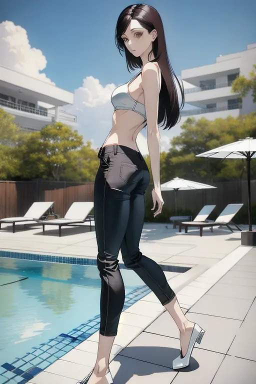 1 female, slim body, small breats, small tits, pale skin, skinny, small boobs, small ass, dark brown eyes, black hair, long hair, straight hair, grey pants tight pants, white bra, outside near a pool