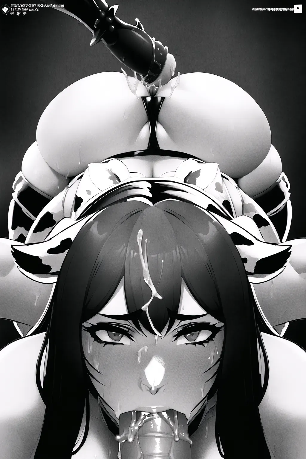 A highly detailed illustration of,(a cum battle),(two medium breasted cow maiden),(bikini), (wide shot),(beautiful faces), colored, 2 girls, oral, dick attached to mans body, dpmg_pov_blowjob_v1, big ass, thick thighs