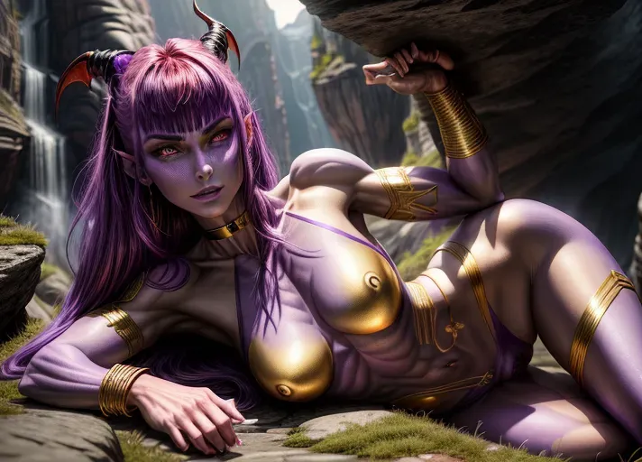 (Ultra realistic illustration:1.1), Fantasy setting, large daemon succubus, (Vicca from Andrew Blake movies aka Viktoria Kokorina:1.2) (purple skin:1.4), (red hair:1.2), small horns, large breasts with large erect nipples, long tail, toned body with abs, slender arms and legs, nude with metal harness, golden bracelet on wristsm golden choker, (detailed pussy and red pubic hair:1.1), sexy eyes, arched eyebrow, erotic pose, touching herself, flexing her muscles, very beautiful face, evil smile,
rocky ground, steep cliff in the bacground, purple ligthning in the sky,
view from below, beautiful face, two arms, two hands, five fingers, detailed fingers,
<lora:dpmg_add_detail:1.4>, vivid colors, cinematic composition, artificial light, UHD, HDR, highest quality, highest resolution, (photorealism:1.2), (masterpiece:1.4)