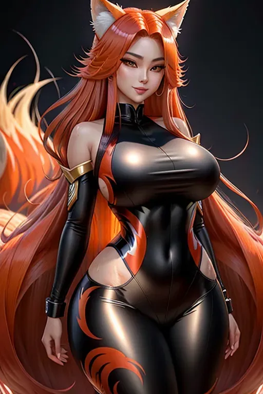 1 nine tailed fox woman, long thick luscious hair, serious eyes, smirk smile, thin striking face, hourglass figure, tight body, sweating skin, tight clothes, unique, 8k, beautiful