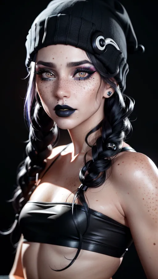 photorealistic, 8k, accurate face, detailed face, (((replicate inspiration face))), freckles, black lipstick, tentacle hair, black beanie,