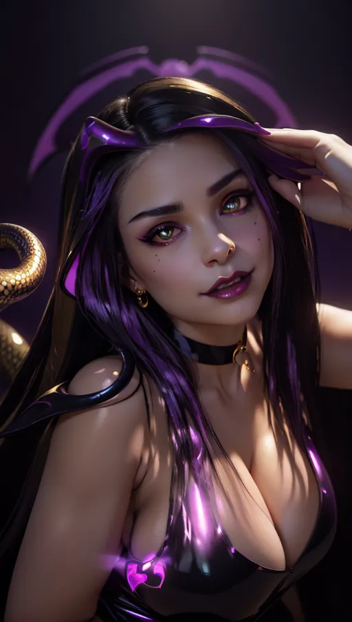 best quality, (((ultra high res))), (detailed face and eyes), hearts, perfect face, heart choker, golden earrings, jewelry, purple glowing heart, (black latex), purple heart necklace, (((succubus))), horns, tail, snake coiling, perfect tits, (huge tits), (golden snake), ((heart nipple patches)), black hair