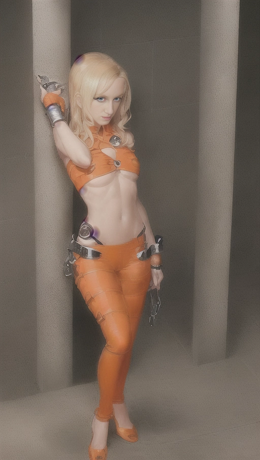 Gorgeous Blonde Female ((((model with very tiny breasts)))) posing in sexy ((prison death row two-piece orange outfit)), ((hands cuffed together in steel handcuffs)), pants and button down shirt, gorgeous, beautiful body, wavy hair, big thighs, ((((tiny y boobs)))), erotic