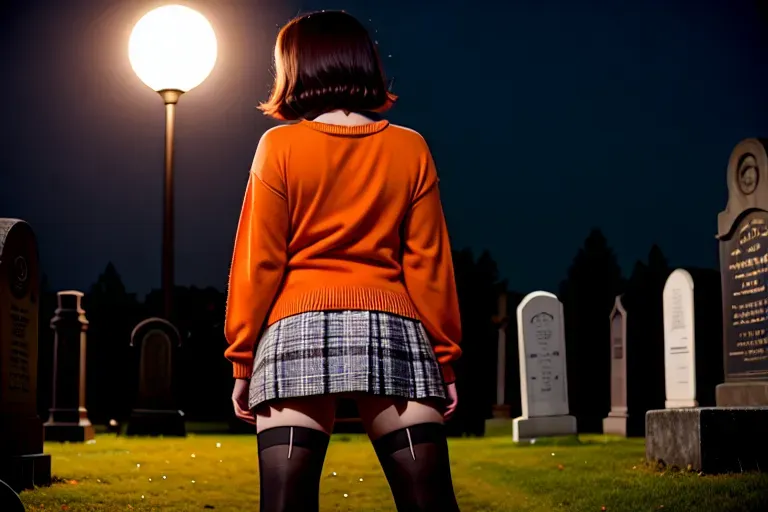 Photo from behind of, velma from scooby doo, young woman, wearing an orange sweater, wearing a plaid miniskirt, wearing knee high socks, looking at away from Camara, beautiful face, beautiful eyes, small pupils, short brown hair, in dark cemetery, at night, full moon, volumetric lighting, focused, crawling on all-fours, upskirt, fingering pussy, erotic