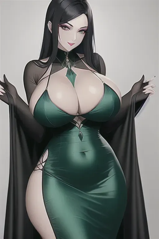 Sexy goth girl with M-Cup breasts 300 inch wide hips, and fair skin. Black hair. Green eyes. Tight silk gown. Big belly
