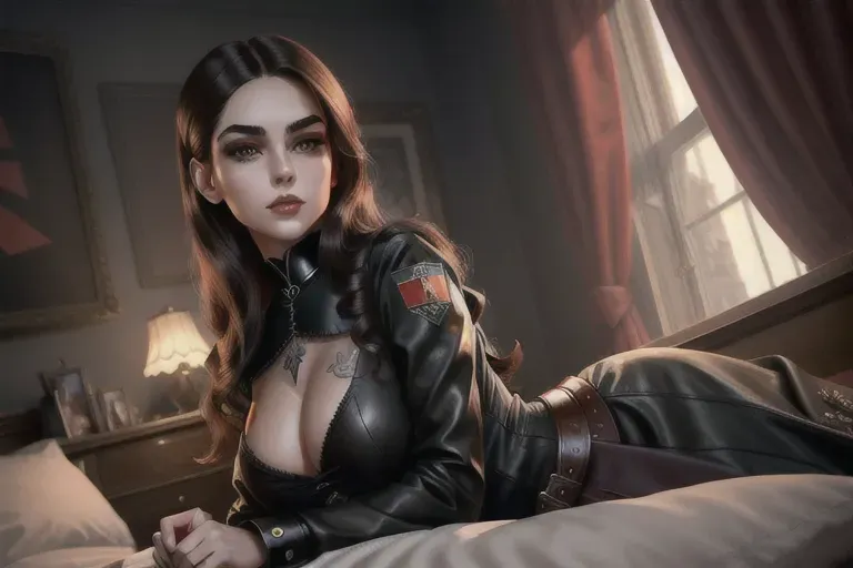 a digital painting of,a gorgeous gothic girl,wearing soviet uniform,sitting,on the bed,natural breasts,five slender fingers,silky hair,beautiful face,beautiful lips,brown eyes,curved eyebrows,curved eyelid,pale skin,satisfaction,tattoo,sharp focus,smooth,surreal,cgsociety,ultra realistic