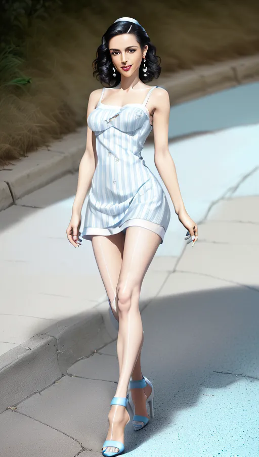 8k
cinematic
high definition
skinny young woman
(slim hips)
aged up
(cute accurate face)
short wavy brunette hair
shy
smiling
(small breasts: 1.4)
(skin tight white and light blue striped cotton minidress:1.4)
(white silk stockings)
(white high heel stiletto sandals: 1.4)
(accurate hands:1.3)
(french manicure)
(expensive ladies wristwatch)
(small white clutch purse)
(chrome earrings)
(lipstick)
(standing on sidewalk with grass either side)
(full body shot:1.2)
(full length frame:1.2)
(photorealism)