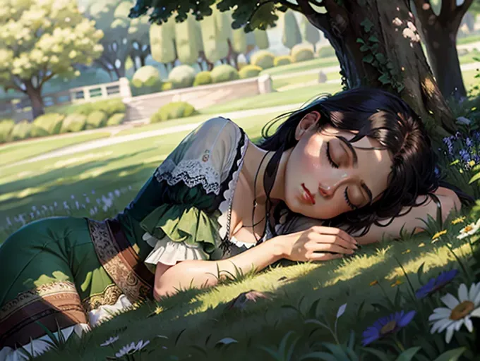 Impressionist woman sleeping on the grass in the shade on top of a lush green field, an impressionist painting by Oliver Sin, featured on cg society, neo-romanticism, high resolution, behance hd, rococo