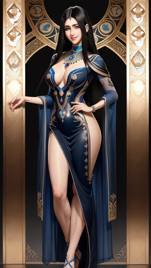 A photograph of, ((Shin Hati)), beautiful, detailed lips, detailed blue eyes, long straight black hair, symmetrical face, realistic face, high resolution face, smiling,full body, medium breasts, perfect hands, ((hairy pubis)), high resolution, masterpiece, ultra realistic, HD wallpaper,jewelry, wearing lewd cutout transparent dress, Alphons Mucha artstyle