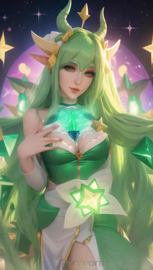 A adult girl with lots of cum over her face, full body, wearing a star guardian Soraka cosplay, green choker, long green hair