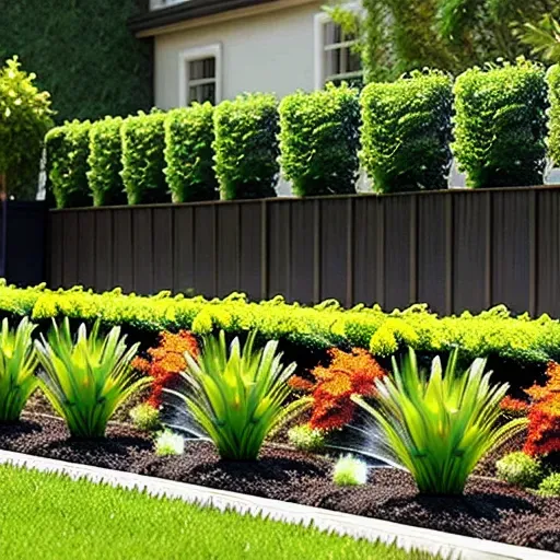 a smart garden water irrigation system watering plants, HDR, 8K, hyper realistic, ultra detailed, best quality, lifelike,