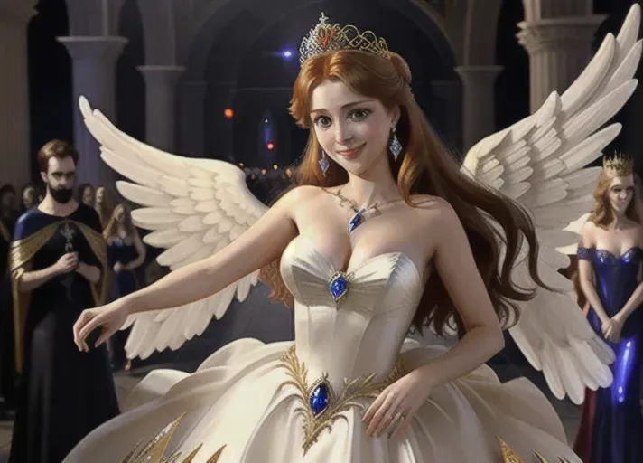 On Halloween night, beautiful auburn hair in a low hanging bun with beautiful sapphire eyes Queen Anna of Arendelle dressed in a beautiful pristine white ballgown beset with sparkling jewels, a pair of angel wings and an ornate Venetian mask, smiling and dancing with the anonymous crowd of angels and devils while indulging in fine red French wine at a late nineteenth century Saints and Sinners Masquerade ball hosted by the Marques de Sade.