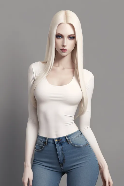 beautiful pale skinned woman, long platinum blonde hair, skinny, flat chest, ((flat chest)), wearing a shirt and low cut tight skinny jeans