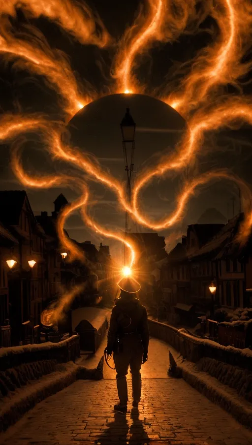 The sunset is sprouting solar flare tentacles burning the dusk sky and the village beneath it
