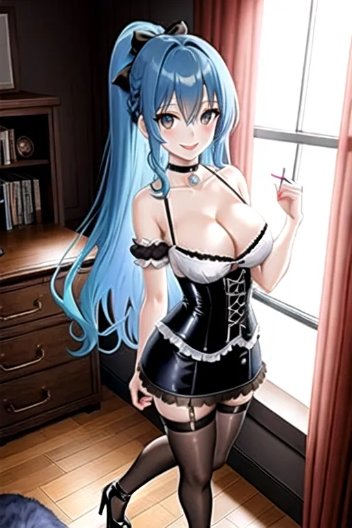 giant breasts, pale skin, blue hair, brown eyes, long hair, high heels, black choker, minidress, corset, in bedroom, pov, looking at viewer, smiling, petite, 1girl, cleavage, full body, slim body, log cabin