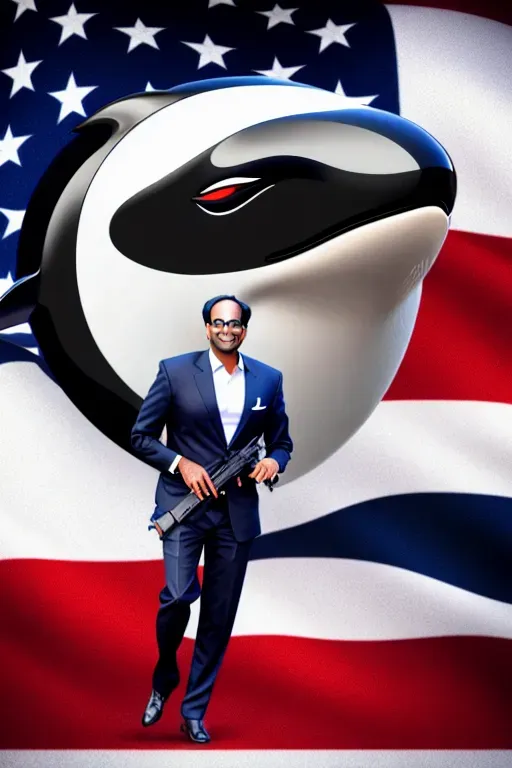presidential candidate vivek ramaswamy with a machine gun, smiling, glasses, riding a killer whale holding an american flag, 8k resolution, (highly defined face), american flag on the whale, face clearly defined, accurate face, detailed face, high quality, ultra high resolution, 4k,