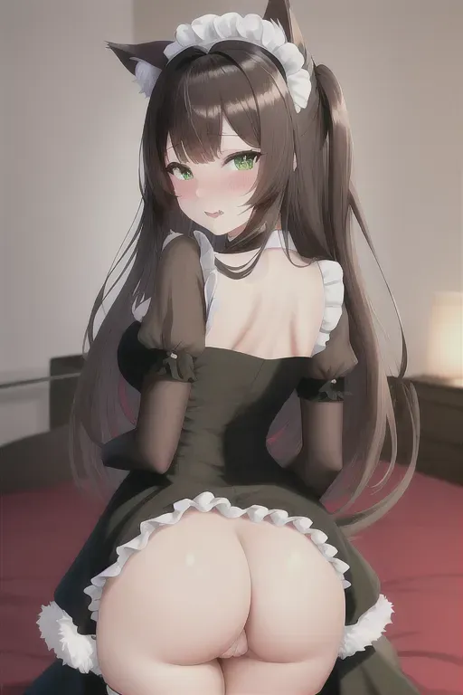 high quality, detailed, anime girl, dark brown hair, green eyes, wolf ears on head, fluffy ears, fluffy tail, innocent, shy, fancy dress, on bed, no panties, wet, turned on, faced away from camera, looking back at camera, exposed pussy, sexy maid outfit, wants to be fucked, naked, wet pussy, lewd face, doggy style